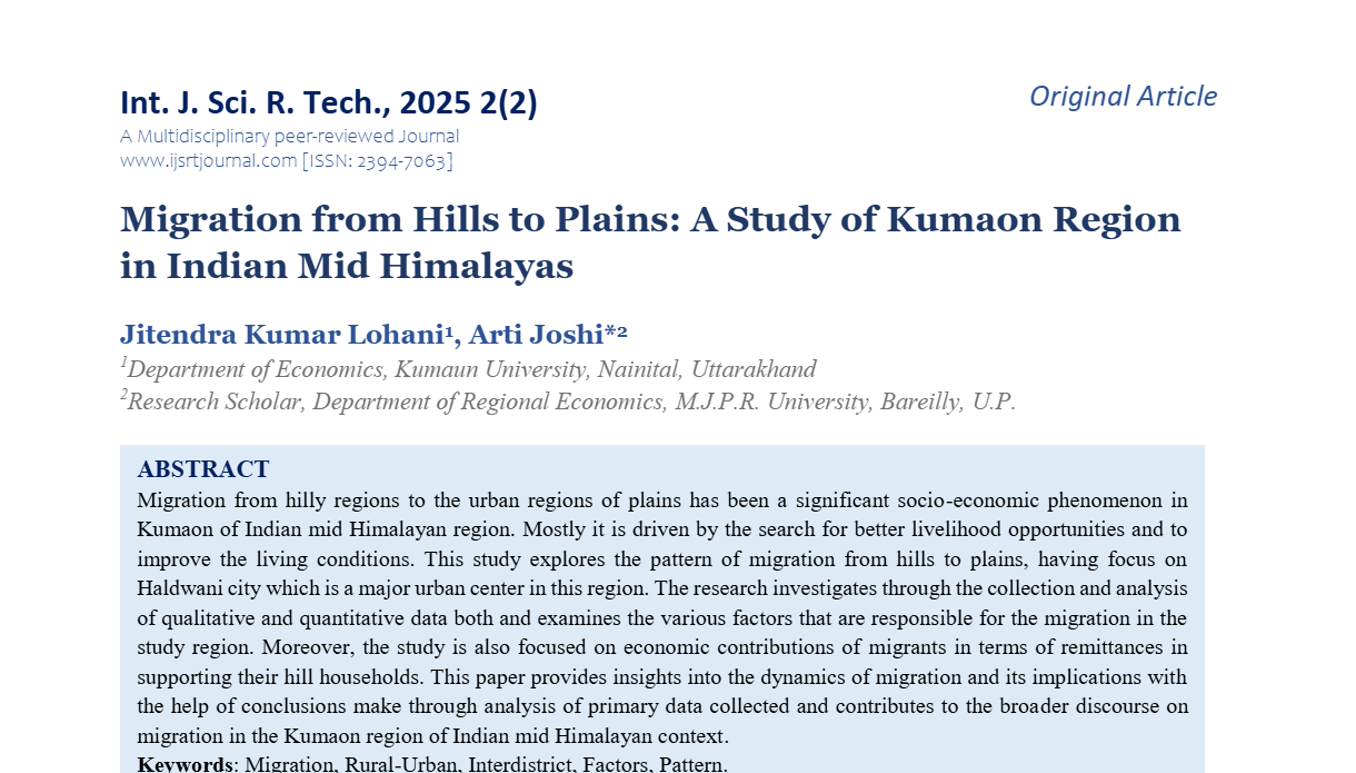 Migration from Hills to Plains: A Study of Kumaon Region in Indian Mid Himalayas